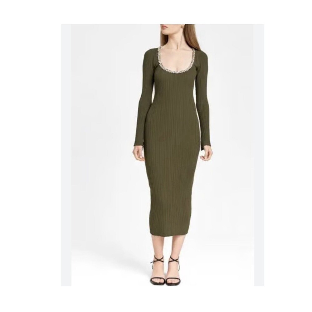 Wayf Cinthia Jewel Neck Long Sleeve Rib Midi Dress In Olive  Size Small